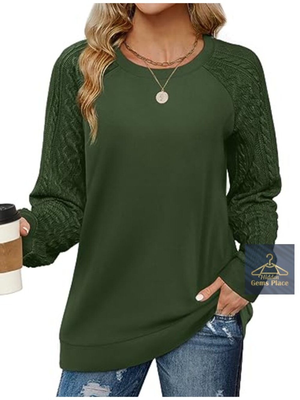Cable Knit Sleeve Crewneck Sweatshirt Lightweight Loose Fit Pullover Sweater